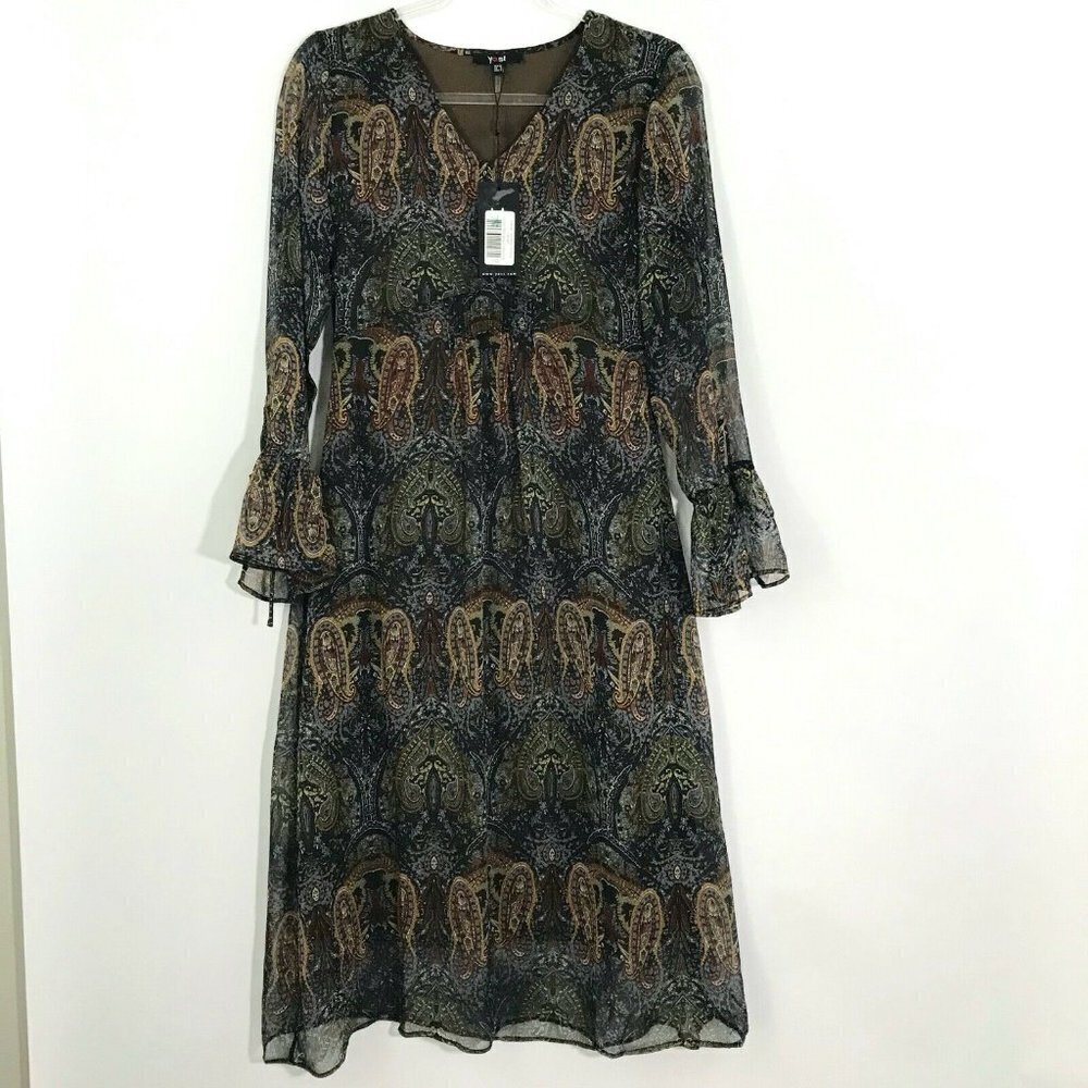 YEST Dress Women Size 4 Brown Blue Paisley Print Chiffon Overlay Empire Waist